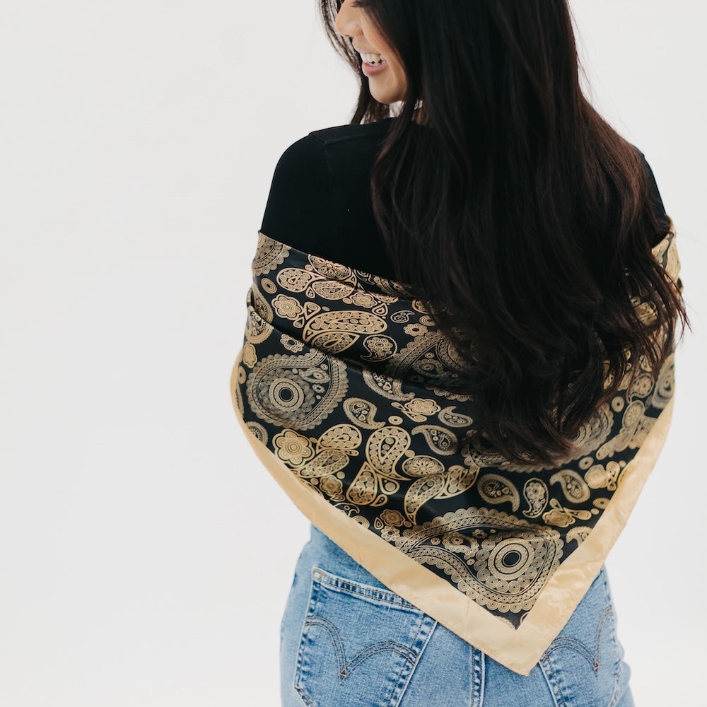 Elegant Black and Gold Paisley Hair Scarf